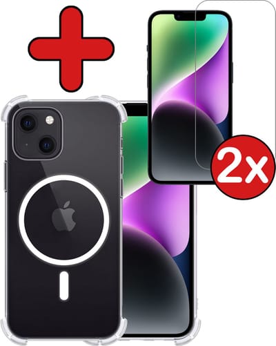 Hoesje - Met 2x Screenprotector - Geschikt voor Apple iPhone 14 Plus - Magsafe Compatible - Sterk & Shockproof - Shock Proof Case - Back Cover - Telefoon Hoes - Telefoonhoes - Transparant