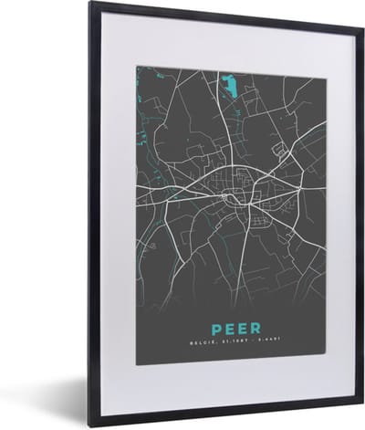 Fotolijst incl. Poster - Plattegrond – Peer – Blauw – Stadskaart - Kaart - België - 30x40 cm - Posterlijst