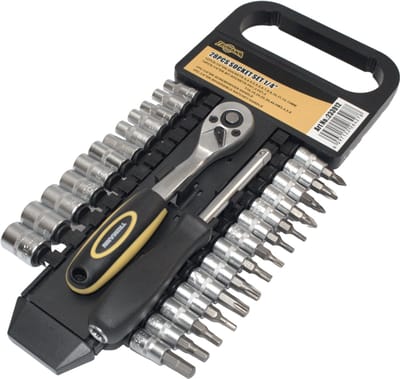 Trimann 233912 - Zeer complete 28-delige Doppen en Bitset in houder - 1/4" met 72-tands ratel - met verlengstuk/schroevendraaierhandvat - Chrome Vanadium staal