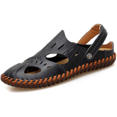 Grote Maat 47 Zomer Handgemaakte Sandalen Heren Echt Leer Neus Holle Schoenen Casual Heren Britse Strandschoenen 47 black