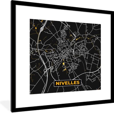 Fotolijst incl. Poster - Nivelles - Plattegrond - Kaart - Goud - Stadskaart - 40x40 cm - Posterlijst