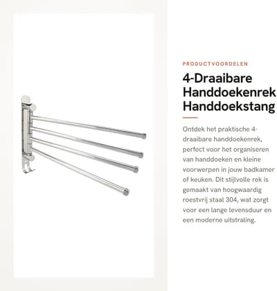 Dailygoods- Handdoekenrek Draaibaar - Handdoekhouder - Handdoekstang - Roestvrij Staal 304 - Antislip Ontwerp - 4 Stangen met Haken