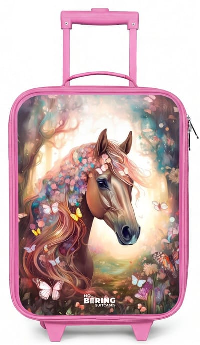 NoBoringSuitcases.com® - Kinderkoffer roze - Kindertrolley meisje - Vlindermerrie - Koffer kind lichtgewicht - Reiskoffer trolley voor kinderen - Koffertje met lichtgevende wieltjes - Rolkoffer
