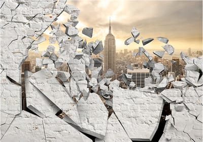 Fotobehangkoning - Behang - Vliesbehang - Fotobehang New York achter de Gebroken Muur 3D - NY - City behind the Wall - 300 x 210 cm