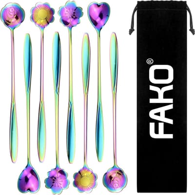 Fako Bijoux® - 8 Lange Lepels Bloem Motief - Latte Macchiato - Longdrink - Cocktail - Dessert - IJs - Koffie - Regenboog - 8 Stuks - Bewaarzakje