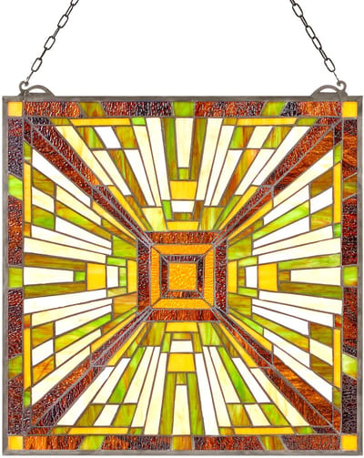 Geverfd Glas Raampaneel, 50.8 x 53.3 cm, Tiffany-Inspireerd Hangend Transompaneel Met Ketting, Verticaal Rechthoekig Ontwerp, Klassiek Handgemaakt Decoratief Kunstwerk voor Keuken en Huis