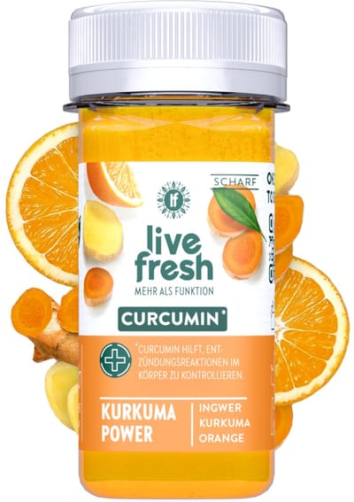 LiveFresh gembershot met curcumine – koudgeperste gembershots zonder toevoegingen – gemaakt met gember, kurkuma, sinaasappel – Kurkuma Power – 8x60ml