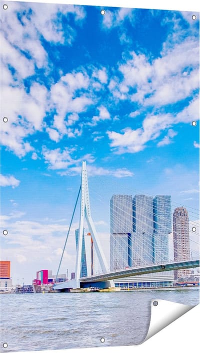 Gards Tuinposter Erasmusbrug aan het Water in Rotterdam - 80x120 cm - Tuindoek - Tuindecoratie - Wanddecoratie buiten - Tuinschilderij