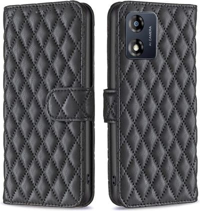 BINFEN Hoesje - Geschikt voor Motorola Moto E13 Hoesje - BINFEN Rhombus Book Case - Zwart