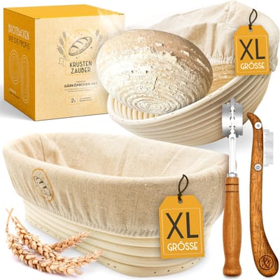 KRUSTENZAUBER Gistingsmand voor broodbakken + bakkersmes - set van 2x fermentatiemanden en 2x deegmessen - broodbakaccessoires, broodmand, broodbakvorm, zuurdesemstartset, deegsnijder, fermentatiefoliebrood, rotan