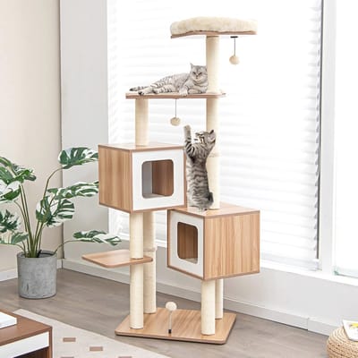 Hoge Krabpaal 163 cm voor Katten - Activiteitencentrum met 6 Verdiepingen, 2 Holtes, 2 Matten en Speelballen in Beige en Naturel