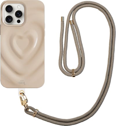 xoxo Wildhearts Biggest Love Creme Cord Case - Geschikt voor iPhone 13 Pro - Hoesje met koord - Kwalitatieve backcover - Telefoonhoesje met hartjes patroon - Hartenpatroon - met camerabumper - Hearts - Beige - Creme