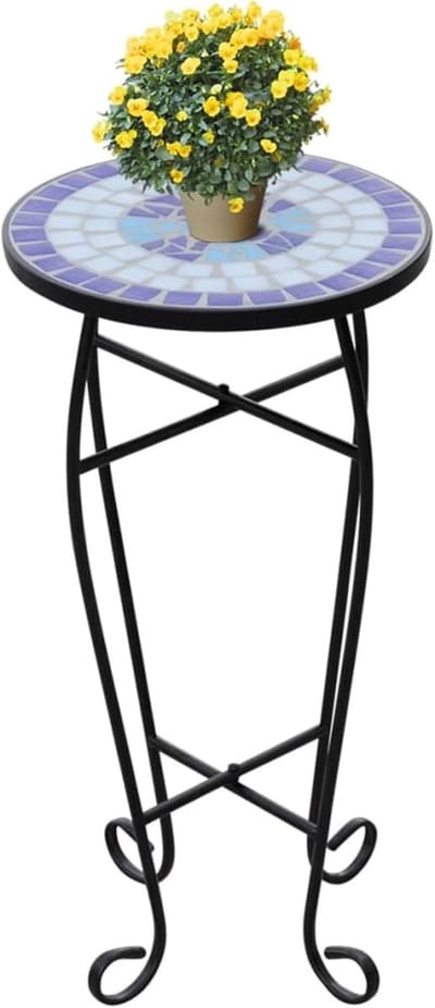 Mozaïek Bijzettafel - Tuin Tafel - Buiten Zitten - Weerbestendig Mozaïekblad - 30 cm Diameter - Blauw Wit