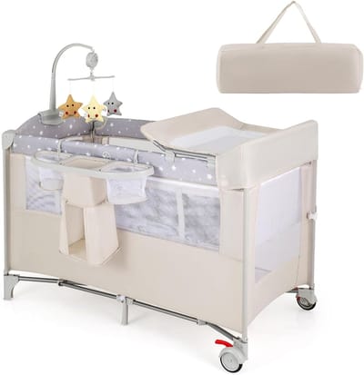 Baby Bed - Bijzetbed Reiswieg - Slapen en Spelen - 5-in-1 Veelzijdig - 100 cm - Beige