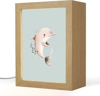 Nachtlampje 15x20 cm - Kinder lampje - Dolfijn - Zeewier - Grijs - Tafellamp kinderkamer - Slaapkamer lamp - Bedlamp kinderen - Kinderlampje stopcontact - Wandlamp babykamer - Nachtlampjes