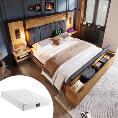 MEUNIQ tweepersoons bed 160x200 met nachtkastjes, leeslampen, USB-C en opbergbank, bedframe met lattenbodem voor slaapkamer, eiken