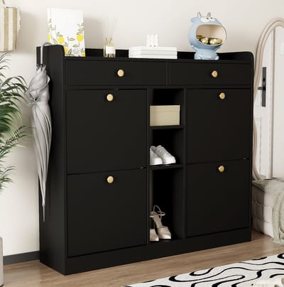 DESMIU Schoenenkast - Met 4 Klepdeuren, 2 Lades En 3 Open Vakken - Voor Hal En Entree - Spaanplaat - 110x26x100 Cm - Zwart