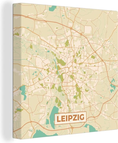 Canvas Schilderij Leipzig - Plattegrond - Vintage - Kaart - Stadskaart - 20x20 cm - Wanddecoratie