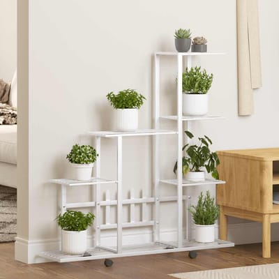 vidaXL - Bloemenstandaard - met - wielen - 94,5x25x92,5 - cm - metaal - wit