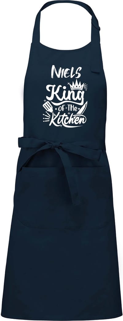 Keukenschort - Kookschort - Navy Blauw - (naam) King of the Kitchen - met voornaam naar keuze - 76 x 90 cm - Verjaardags cadeau - BBQ