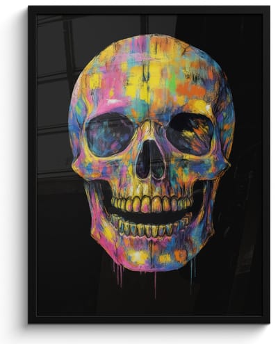 Poster in lijst - Fotolijst 60x80 cm - Posters - Penseelstreken - Schedel - Kleurrijk - Abstract - Posterlijst zwart - Decoratie - Wanddecoratie woonkamer - Muurdecoratie slaapkamer