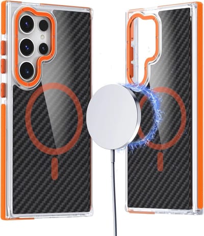 Magsafe Hoesje Geschikt voor Samsung S25 Plus / S24 Plus hoesje Oranje Heavy Duty Carbon Case met Versterkte Zijkanten, MagSafe en Camera Kickstand