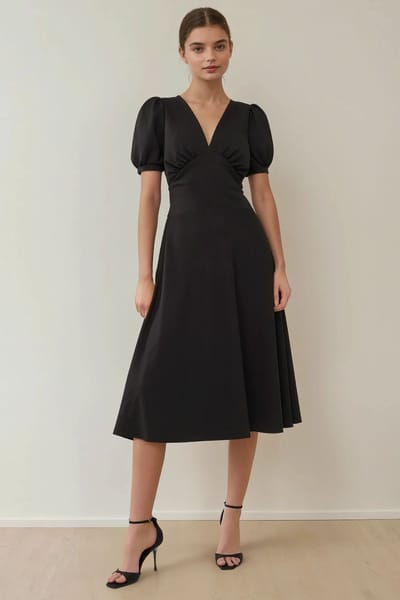 V-hals Puff Mouw A-Lijn Crepe Midi Jurk