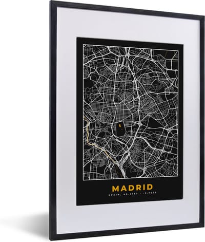 Fotolijst incl. Poster - Madrid - Goud - Plattegrond - Stadskaart - Kaart - 30x40 cm - Posterlijst