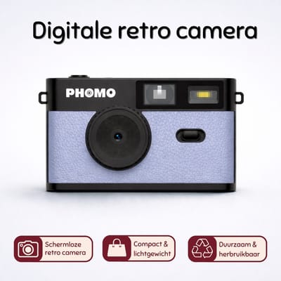 Phomo Digitale Camera - Schermvrije Retro Fotocamera - 8 Megapixel - 2500 Foto's - 4 Ingebouwde Retrofilters - Met Flits - Oplaadbaar via USB-C - Inclusief 8GB SD-kaart - Blauw