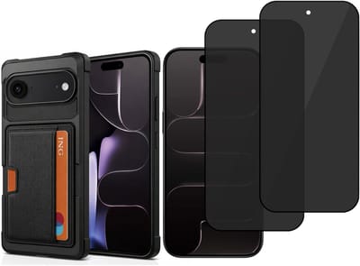 Pasjes Houder Hoesje & 2x Privacy Screenprotector geschikt voor iPhone Air Hoesje Screenprotector - Gehard Glas Cover Privé + Heavy Duty Case - Magnetisch Portemonnee Hoesje Cover - Zwart