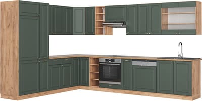 Vicco Hoekkeuken Fame-Line, Groen-Goud Landhuis/Goudkleurig Eiken, 347 x 257 cm zonder werkblad
