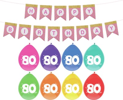 Haza Verjaardag 80 jaar geworden versiering - 16x thema ballonnen/1x Happy Birthday slinger 300 cm