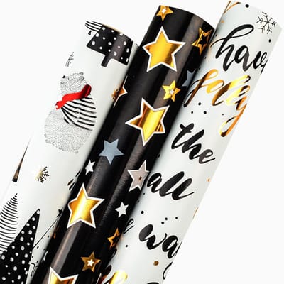 Kerst inpakpapier set - 3 rollen met beren en sterren design