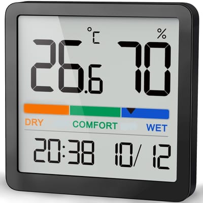Namajunas - Binnen thermo-hygrometer - Draagbare - Mini digitale thermo-hygrometer monitor - Met comfortindicator en klok - Nauwkeurige - Magnetisch, ophangbaar en ook geschikt voor op tafel - Geschikt voor thuis, garage, kas, kelder en meer - Zwart