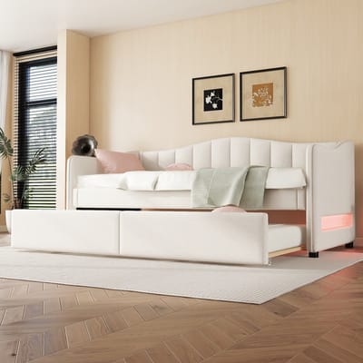 Wishdor Dagbed met Uitschuifbed – 90 x 200 cm – Led-Kopbordverlichting met App – Linnen Beige – Inclusief Uitschuifbed 90 x 200 cm – Ruimtebesparend voor Slaapkamer of Logeerkamer – Stevige MDF Constructie