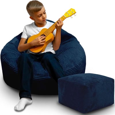 DreamRoots Zitzak voor Volwassenen & Kinderen – Corduroy Bean Bag Stoel met Voetsteun & Hoes – Inclusief Vulling – 70x70x70 cm – Blueberry Pie