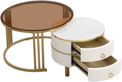 MODFU Salontafel set van 2, 70*70*45 + 50*50*40 cm, MDF en gehard glas, hoogglans wit en bruin, met 2 laden