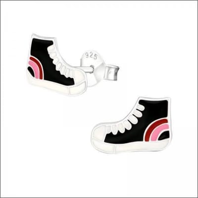 Aramat Jewels | Oorbellen | Zilveren Sneaker Oorbellen Zwart Emaille – 10x6mm 925 Zilver | | | |10mm | Zilver | Kinderen, Volwassenen | Verkleurd niet