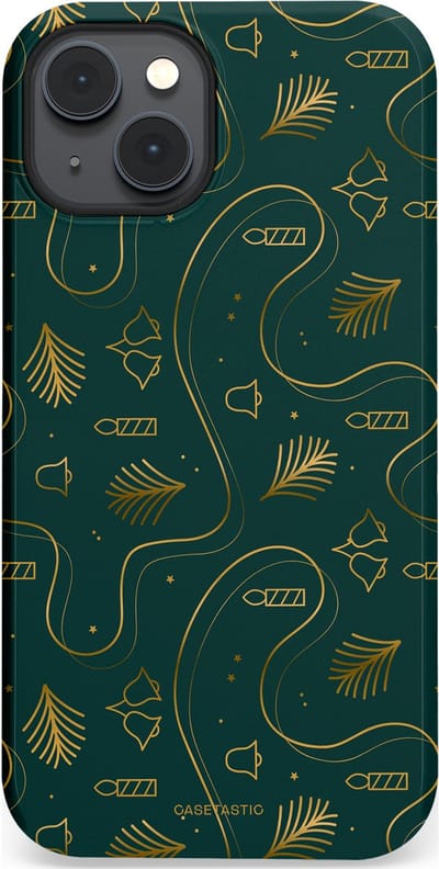 Casetastic hoesje geschikt voor Apple iPhone 14 Plus - MagSafe - Dubbellaagse bescherming - Groene kerst bellen en takken - Fashion Case - Donkergroen Donkergrijs Petrol