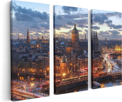 Artaza Canvas Schilderij Drieluik Amsterdam Centrum Luchtfoto Zonsondergang - 120x80 - Foto Op Canvas - Canvas Print