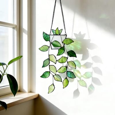 Zonnevanger, raamdecoratie hangend, groene hangende plantenbakken, materiaal glas, hanger met groene bloemenmand in Tiffany-stijl, raamdecoratie hangend voor thuis, kantoor, tuin, buitendecoratie.