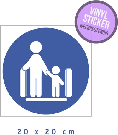 Pictogram/ vinyl sticker | Kinderen moeten begeleid worden | 20 x 20 cm | Watervast | Hand vast nemen | Kind | Kids | Roltrap | Gevaar | Stairs | Treden | Traphal | Blauw | 1 stuk