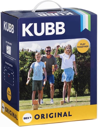 Bex Kubb Original – Zweeds Vikingschaak – Premium Buitenspel – Massief Rubberhout – Koning Met Houtkleurige Kroon – Vanaf 8 Jaar – Inclusief Draagtas