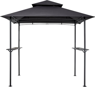 8 x 5 ft barbecueprieel voor buiten met dubbel dak, duurzaam stalen frame, zijplanken en haken, grilloverkapping voor terras, achtertuin, tuin of picknick