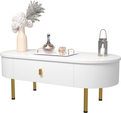 Salontafel - Modern - 2 Laden en Gouden Poten - Gebogen Hoeken Luxe Design - MDF en Metaal - Wit en Goud