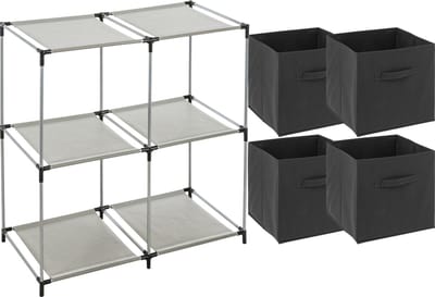 5Five Kastmandjes/opberg manden - donkergrijs - 4x stuks van 29L - Metalen rekje is 68 x 68 cm