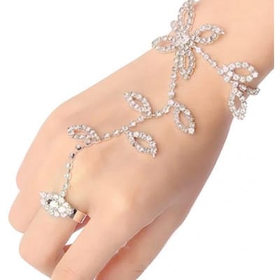 Kristal Strass Blad Hand Harnas Armband Slavenketting Link Voet Vinger Ring beige