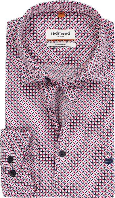 Redmond comfort fit overhemd - popeline - blauw met rood - wit en beige dessin