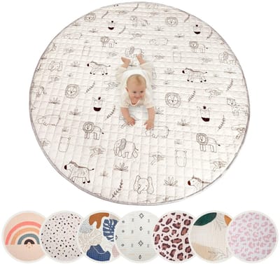 Matte Gewatteerde kruipdeken voor baby's, 150 cm, extra dikte 1,5 cm en zachte kruipmat in mooi uniseks design, babyspeelmat met antislip onderkant om te kruipen en te spelen