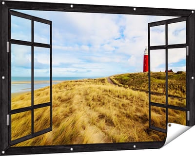 Gards Tuinposter Doorkijk Vuurtoren met Duinen in Texel - 150x100 cm - Tuindoek - Tuindecoratie - Wanddecoratie buiten - Tuinschilderij